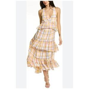 Cinq a Sept Astor Sleeveless Ruffle Tiered Pastels Check Plaid Maxi Dress Sz 8